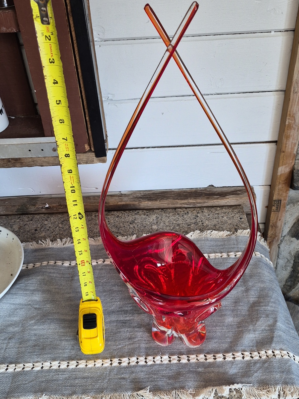 Vintage Red Glass Art Arched Sculpture/Basket
